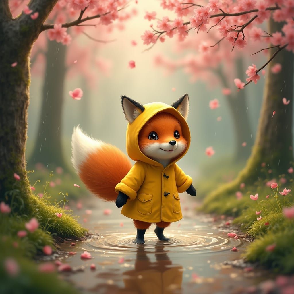 Whimsical Fox in Yellow Raincoat Splashes through Forest Pud...
