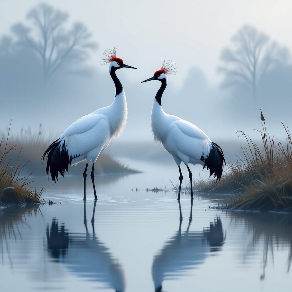 Elegant Cranes in Misty Marsh Digital Painting