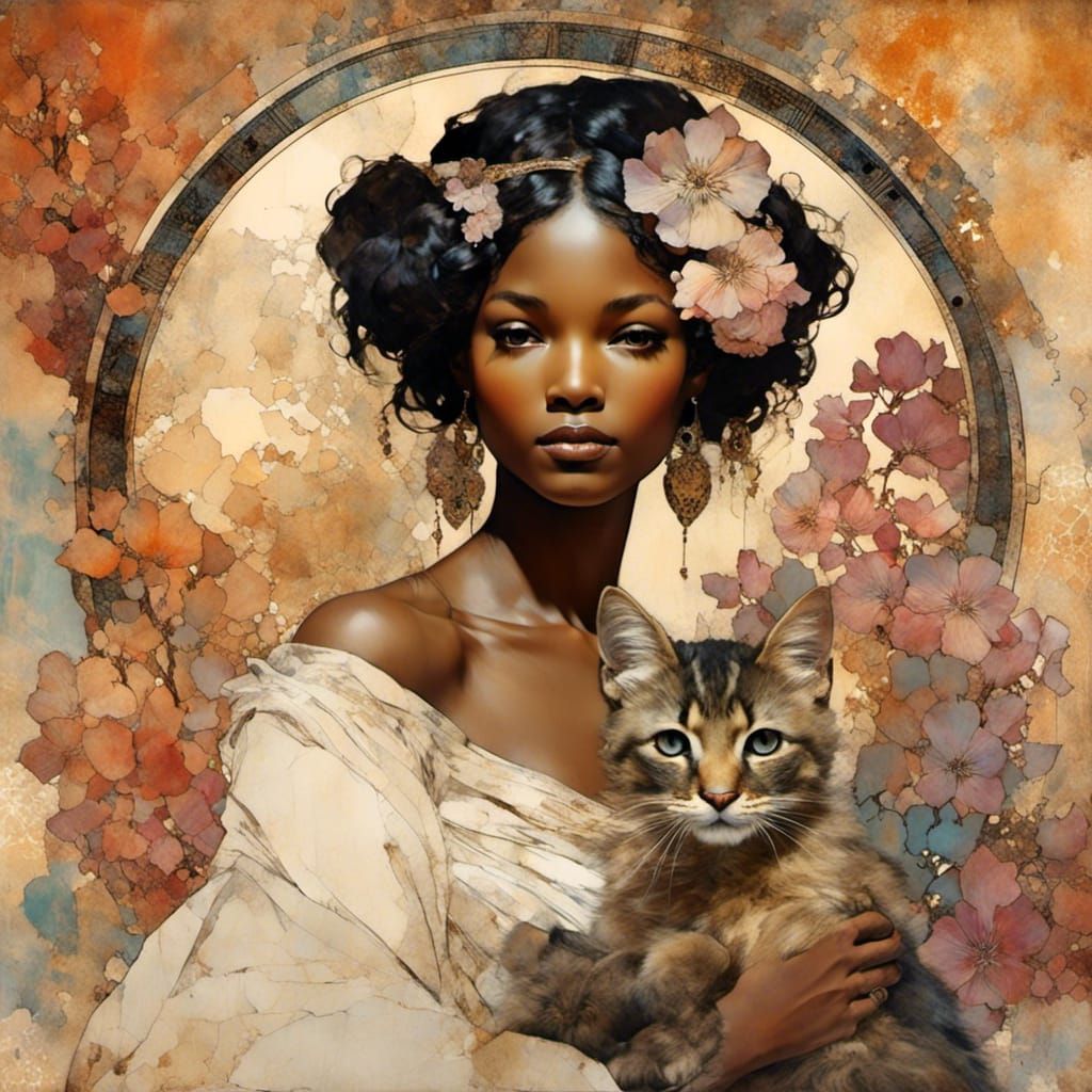 Scrapbook Page: Girl, Kittens, and Art Nouveau Flowers