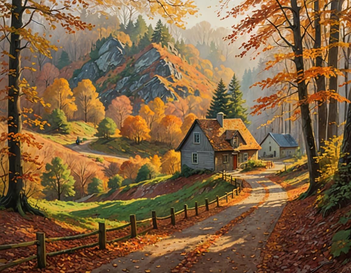 Impressionist Autumn Forest Landscape in Golden Light