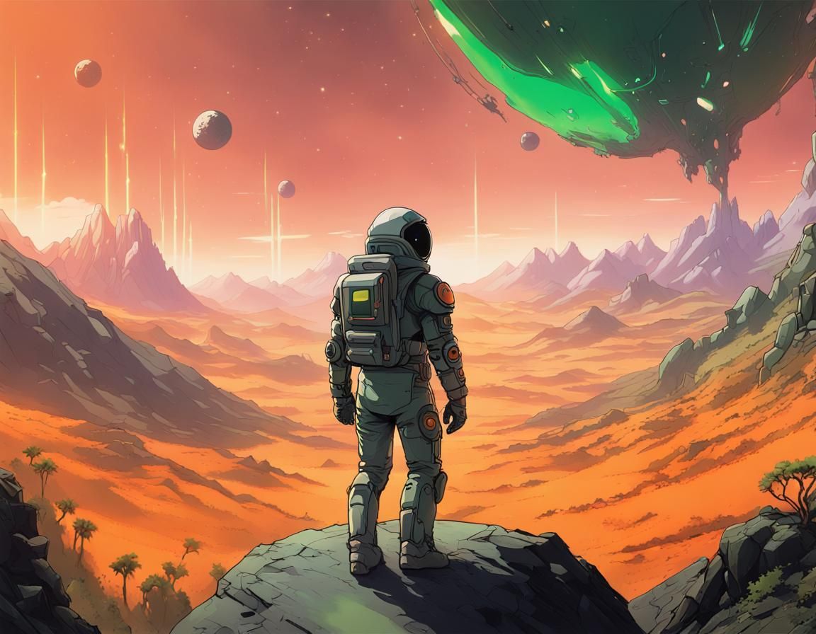 Astronaut Cyberpunk Suit on Exotic Planet in Anime Art