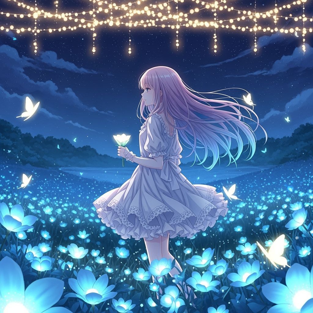 Anime Girl in Bioluminescent Flower Field