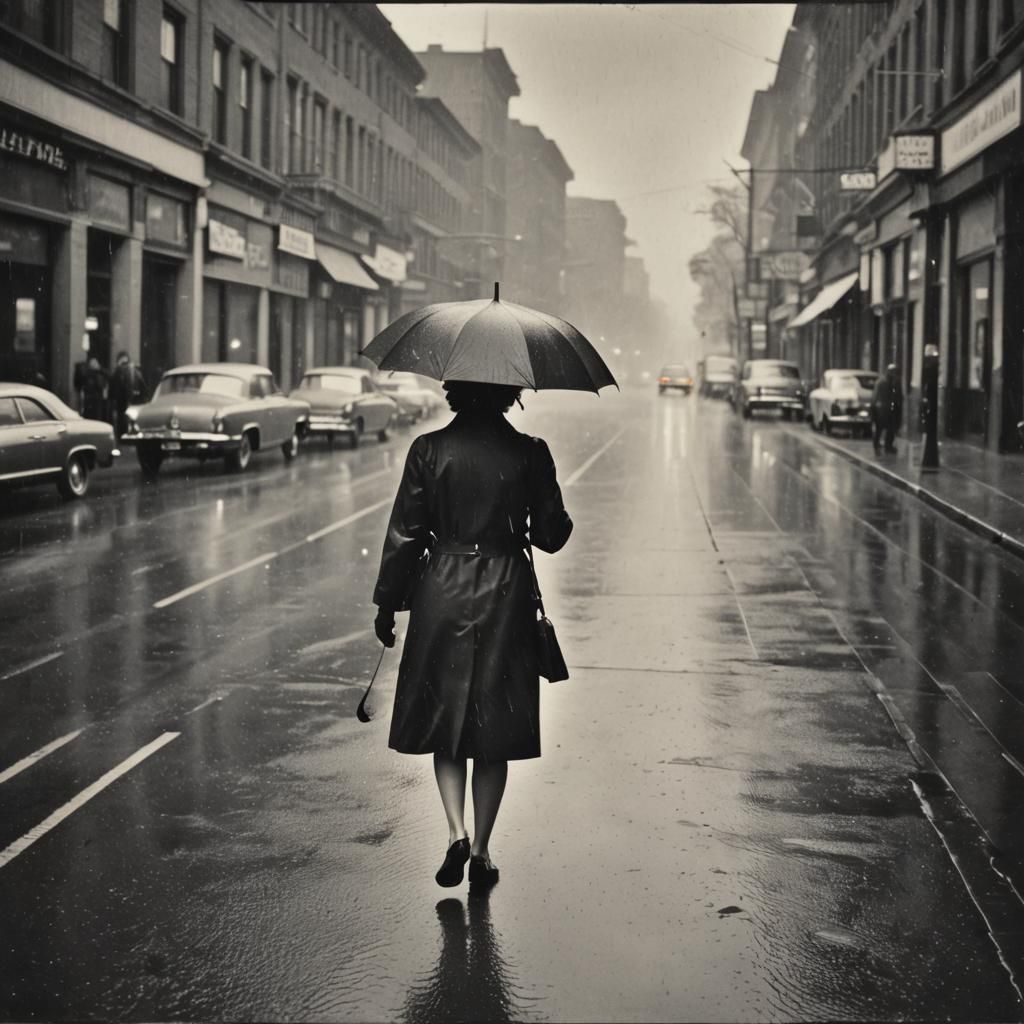 Woman with Umbrella in Noir Style Vintage Photo