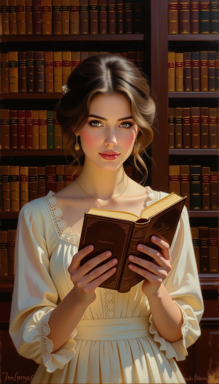 Woman's Hands Holding Antique Book in Sunlit Library