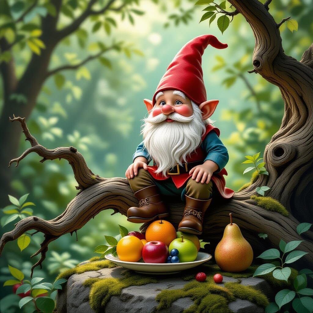 Gnome on Branch with Still Life, Dutch Golden Age Style