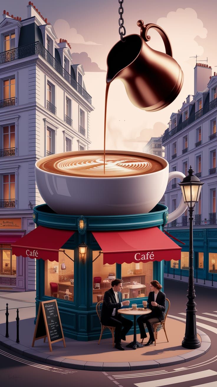 Surreal Parisian Cafe with Giant Coffee Cup