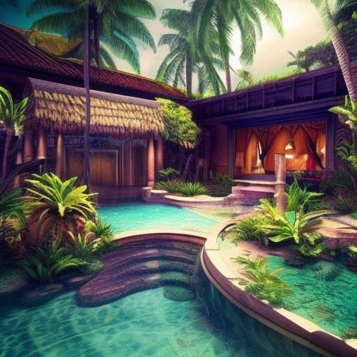 Tropical Backyard Pool in Cinematic Style