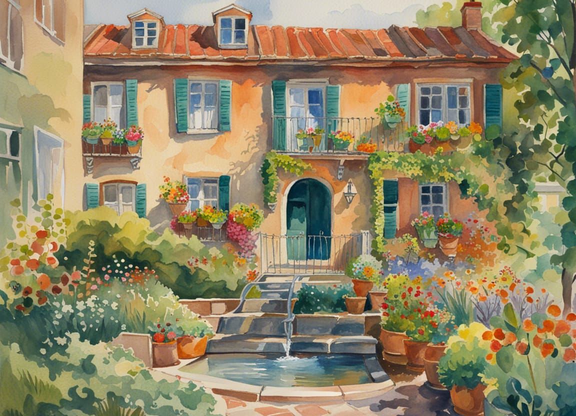 Terraced House with Flower Garden in Gouache Style