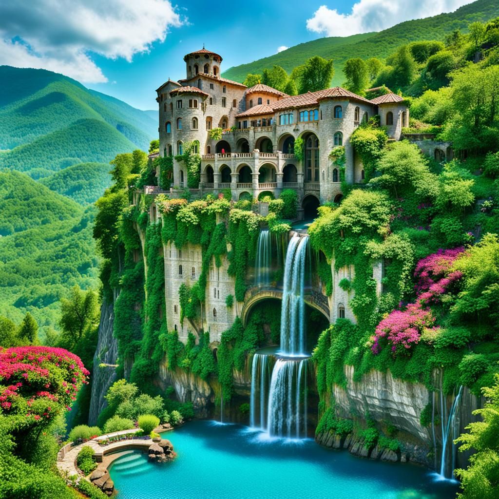 Fantasy Architecture in a Lush Mountain Landscape