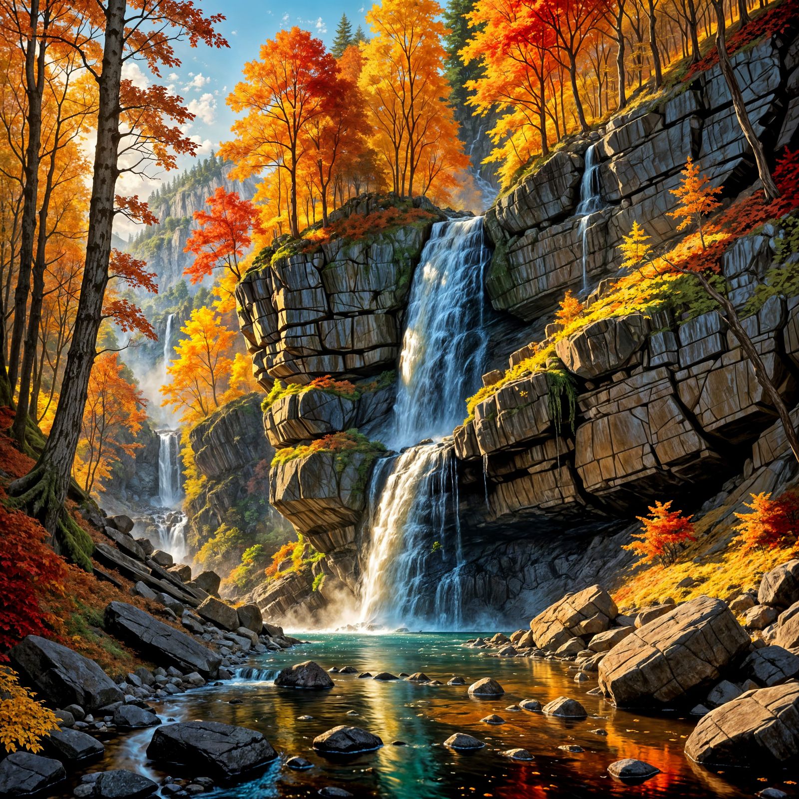 Majestic Autumn Waterfall in Golden Light