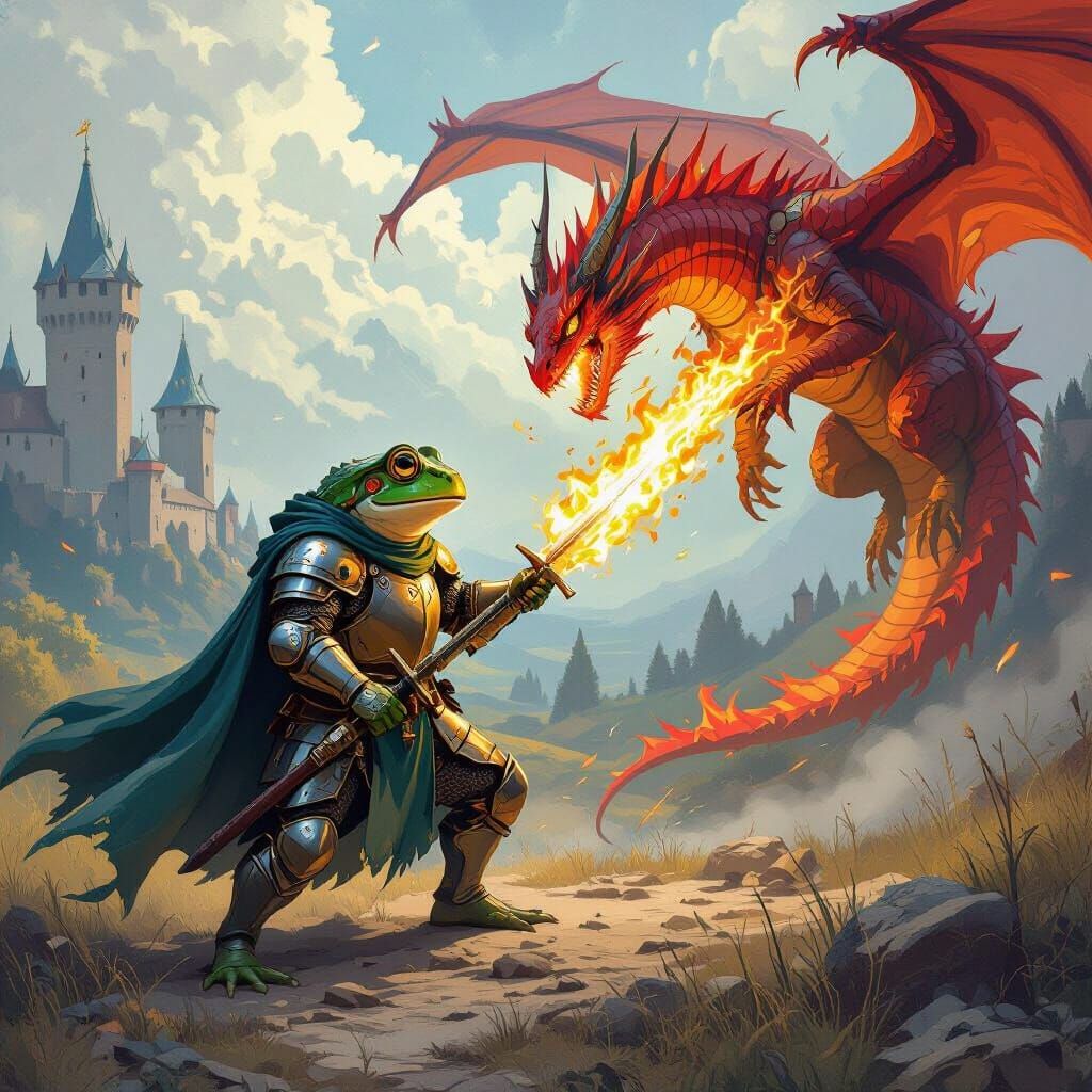 Frog Knight Battles Dragon in Medieval Landscape