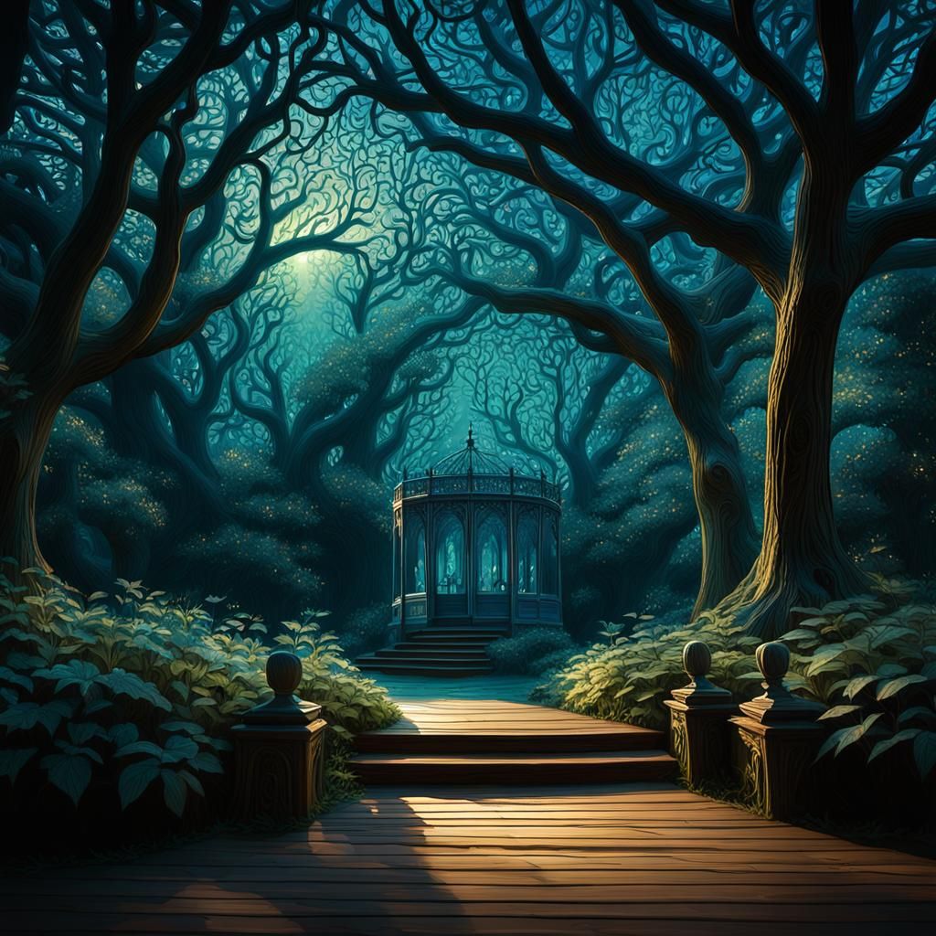 Ethereal Wood Carving in Mystical Garden