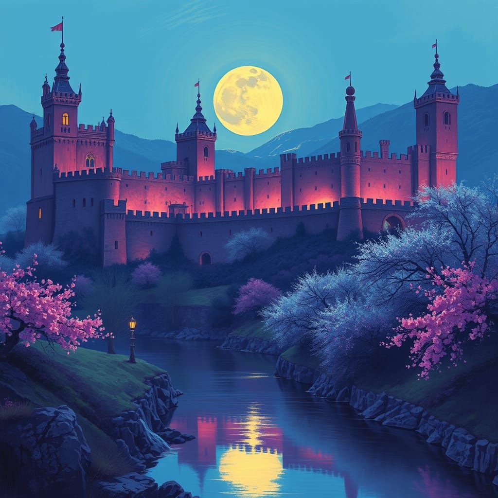 Purple Citadel in Bioluminescent Valley: Impressionistic Arc...