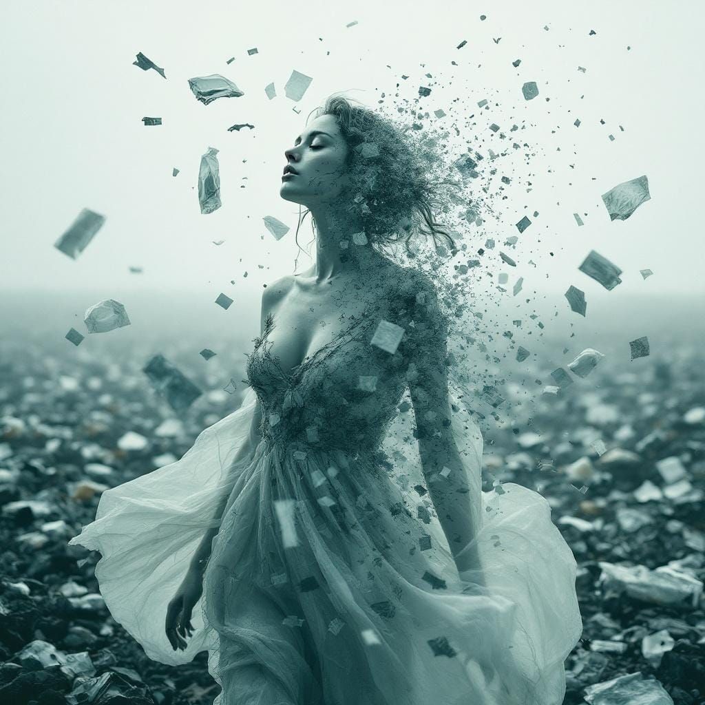 Double Exposure: Woman and Landfill in Haunting Contrast