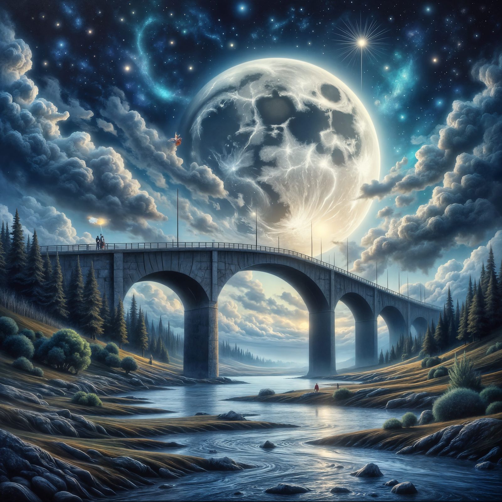 Moonlit Neo-Expressionist Bridge Crossing