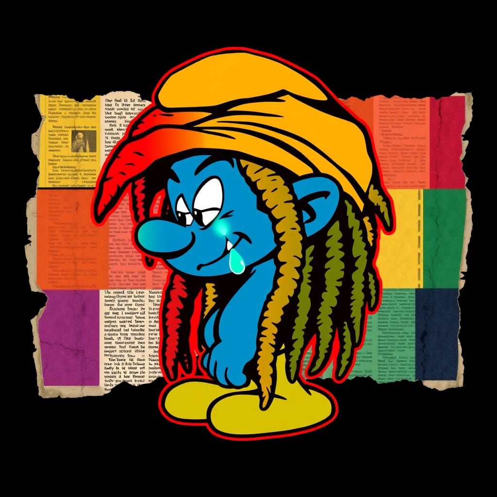 Vibrant Rastafarian Smurfette in Neon Outlines against Black