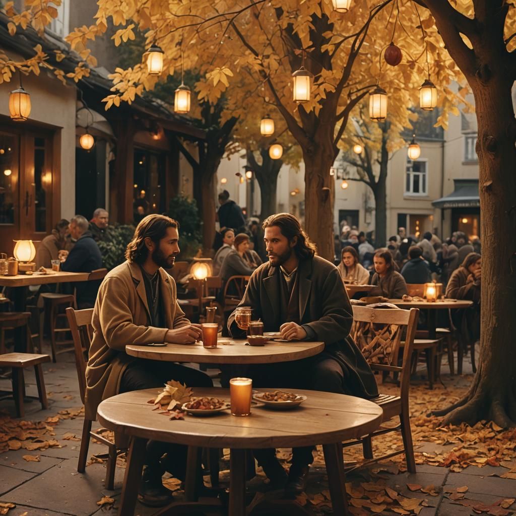 Jesus and Lucifer in Cozy Cafe: Cinematic Autumn Scene