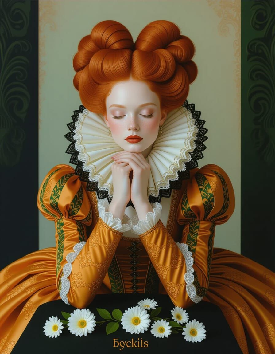 Ethereal Woman Portrait with Fiery Hair and Baroque Gown