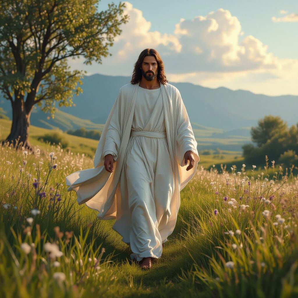 Jesus Christ Walks in Lush Field, Realistic Landscape