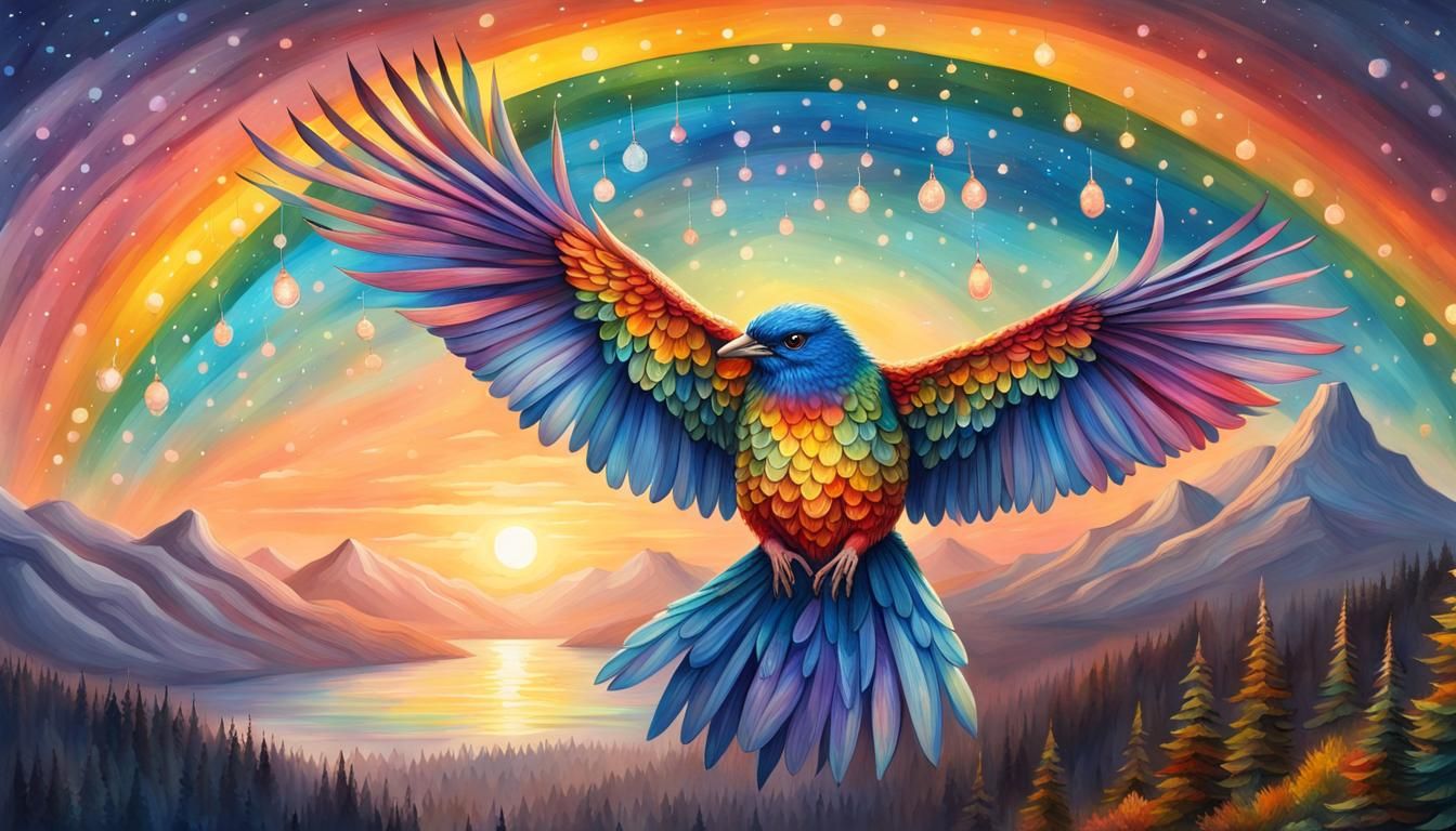 Fantasy Rainbow Bird in Atmospheric Watercolor Landscape