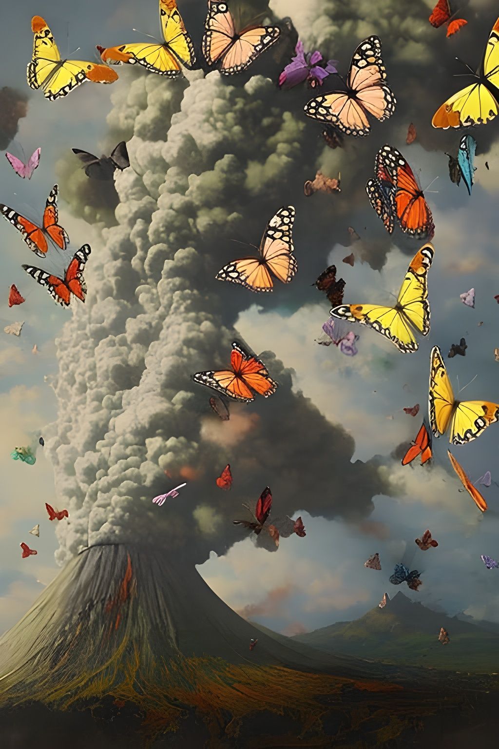 Surreal Volcano Eruption of Colorful Butterflies