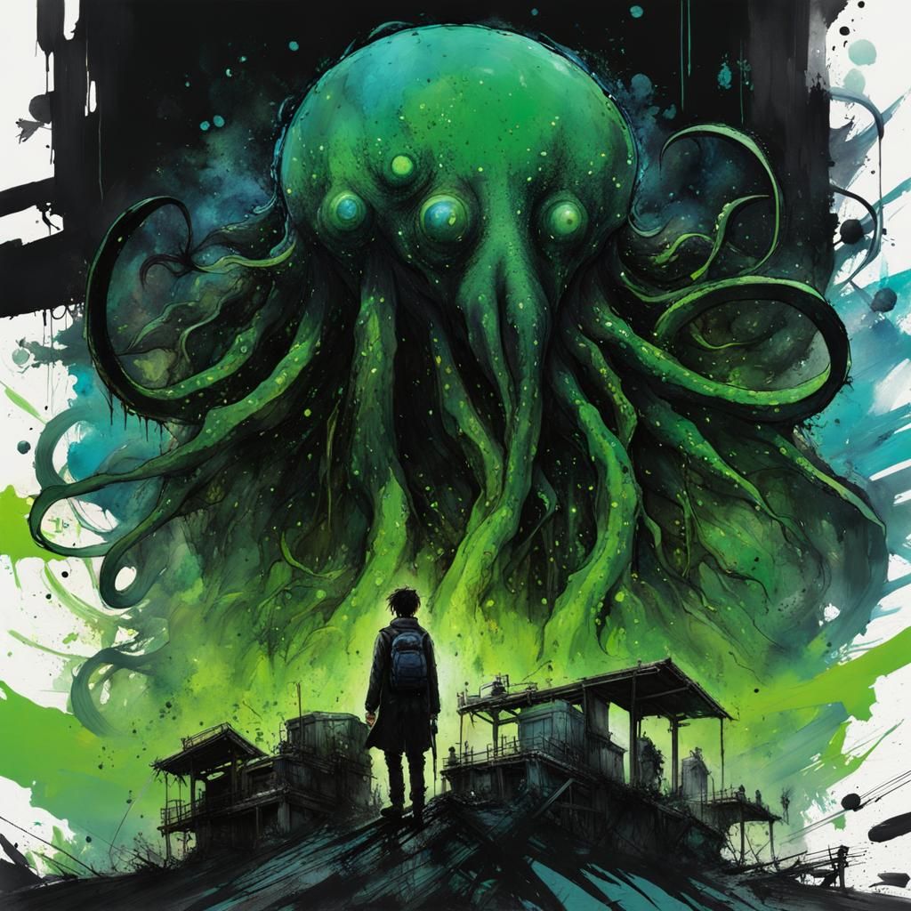 Cthulhu and Boy in Dystopian Ink Art