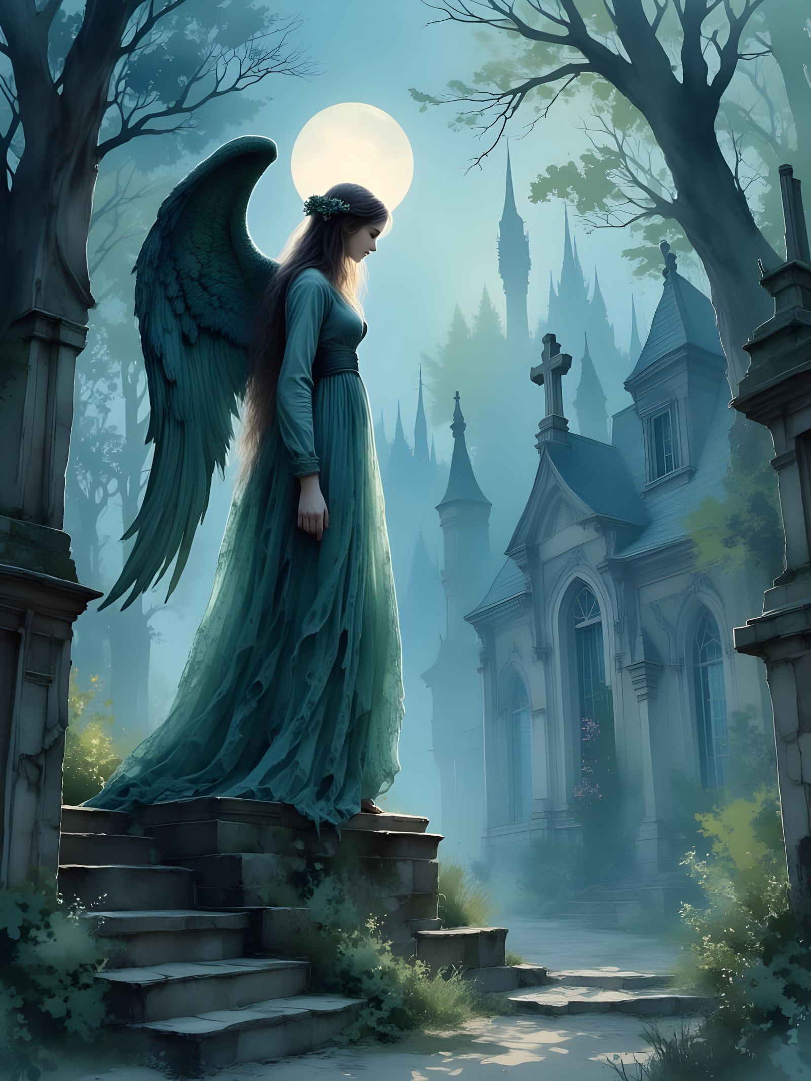 Whispering Angel in Moonlit Cemetery
