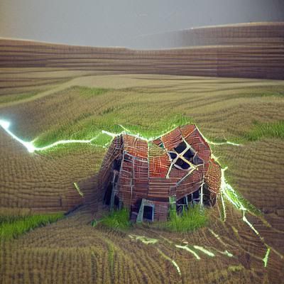 Lightning Strikes House in Wheat Field: 3D Render