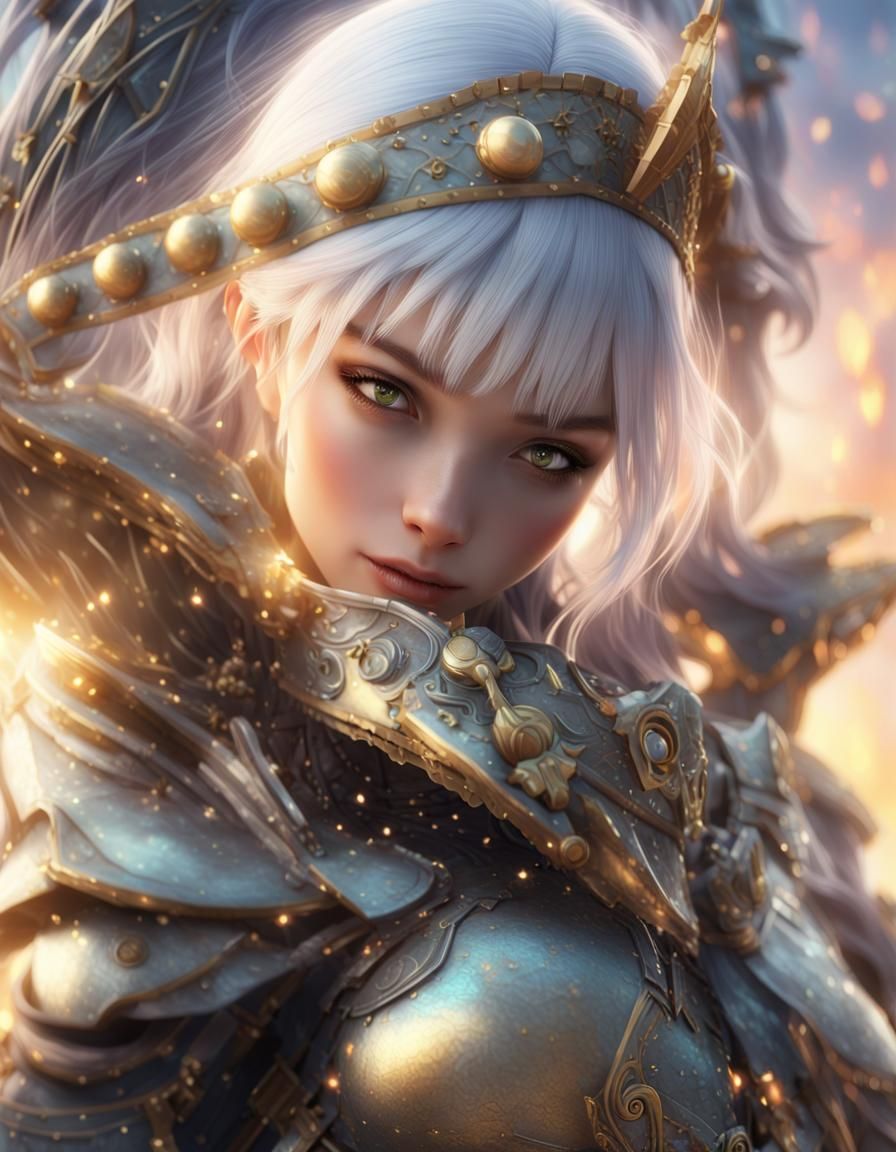 Anime Woman in Armor: 3D Art with Sunset Lighting