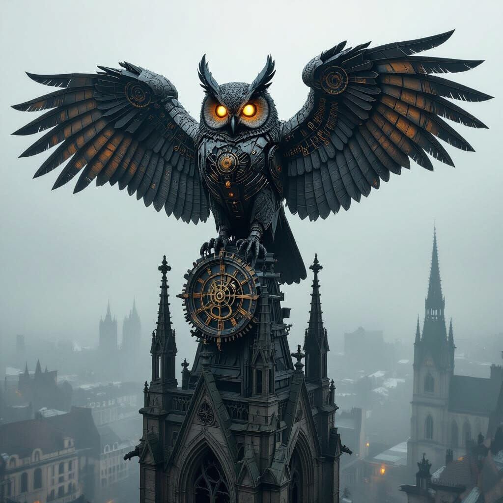 Clockwork Owl on Gothic Cathedral Spire in Giger & Beksiński...