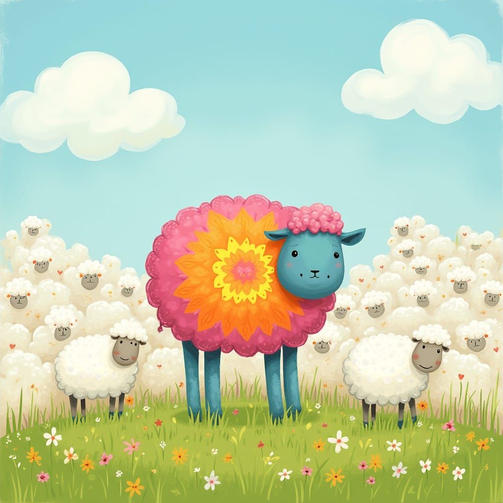 Colorful Tie-Dyed Sheep Stands Out in Sunny Meadow