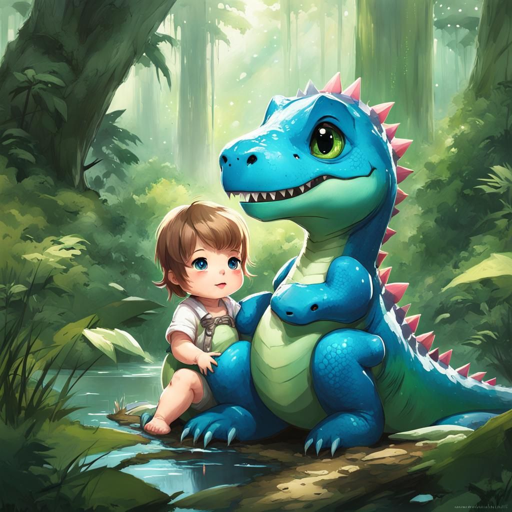Chibi Baby and T-Rex in Whimsical Forest