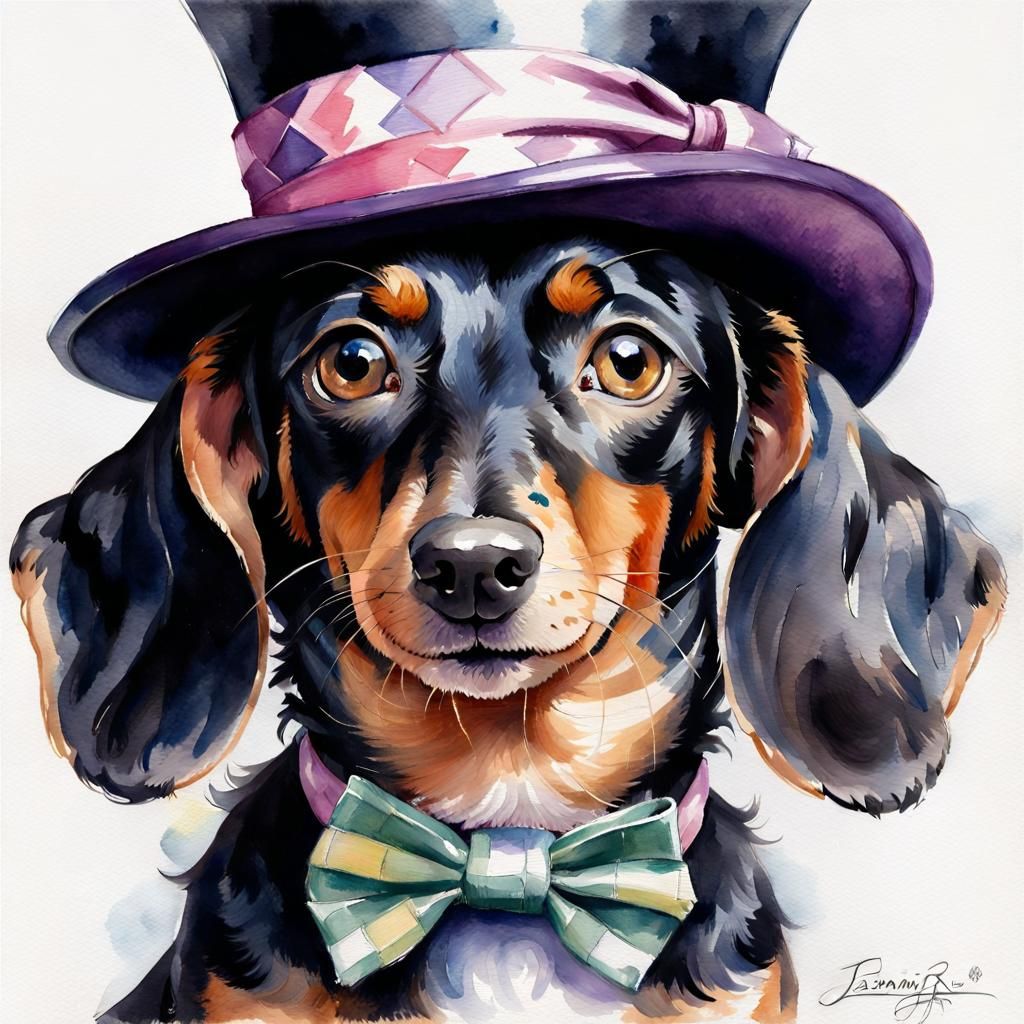 Portrait painting of cute black French Wiener dog