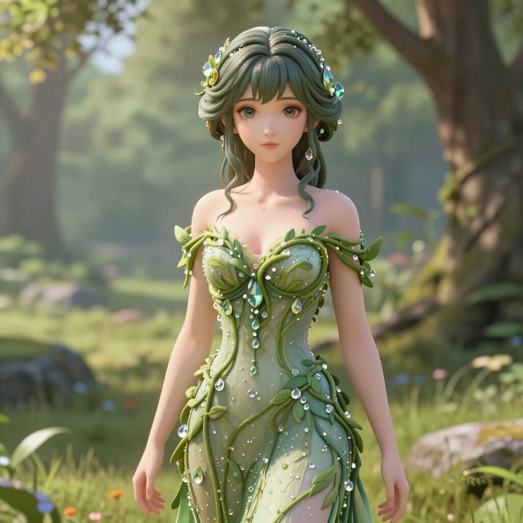 Art Nouveau Woman in Living Vine Dress with Crystals