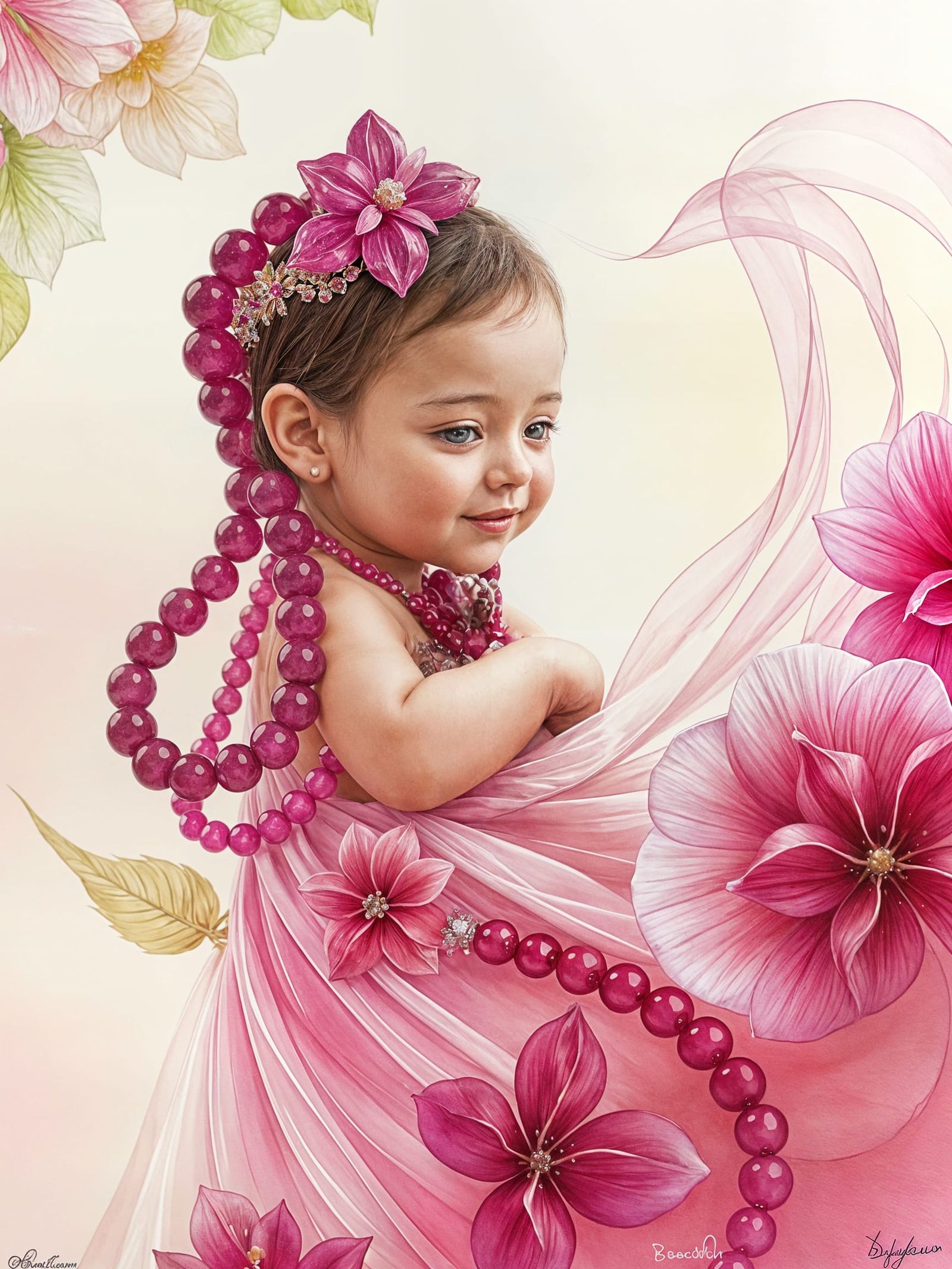 Ruby and Diamond Bead Baby Girl: Watercolor Digital Art