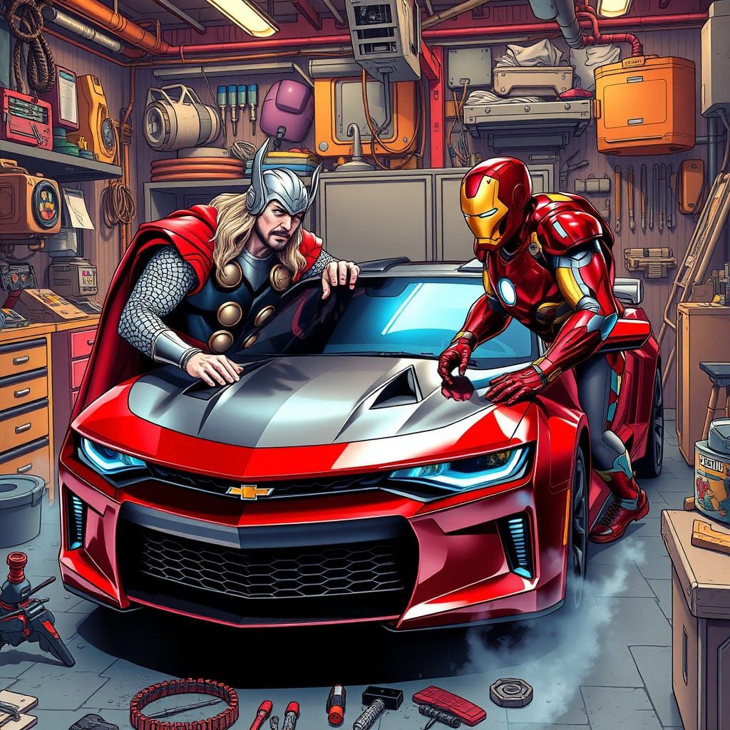 Comic Book Style Marvel Heroes Repair a High-Tech Chevrolet...