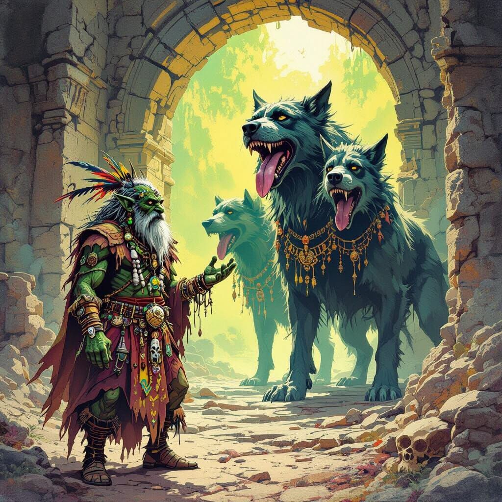 Goblin Shaman Defies Three-Headed Dog at Mystical Portal