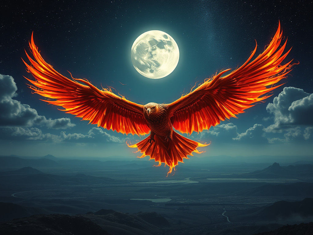 Fiery Eagle Soars Above Kingdom in Dark Fantasy Art