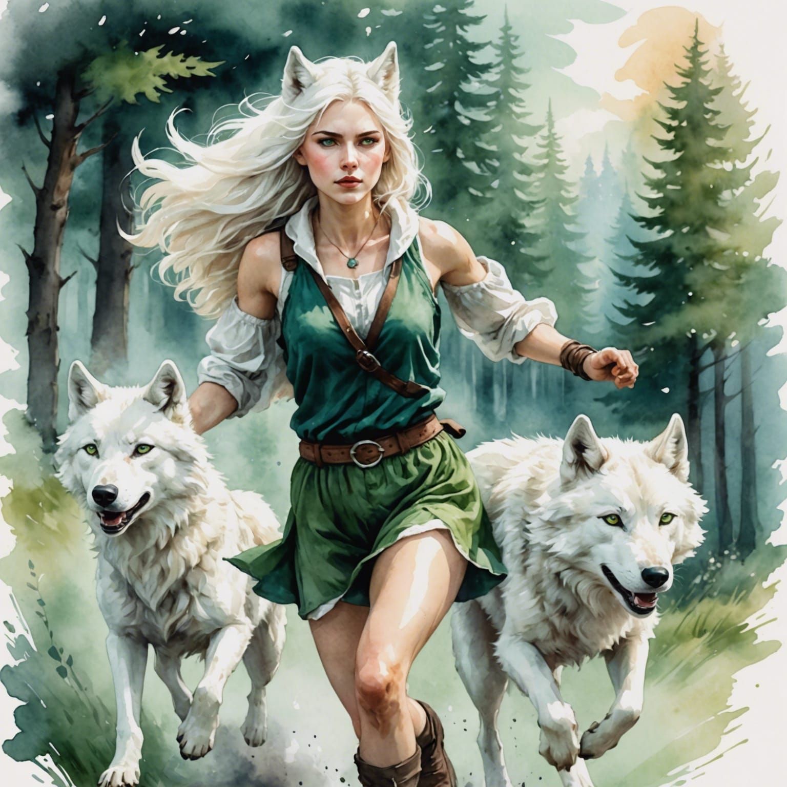 Wolf Woman and Companion in Watercolor Style