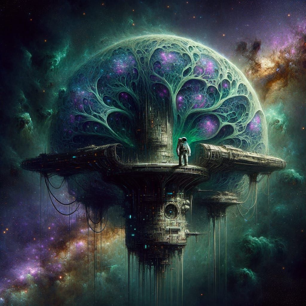 Astronaut Explores Bioluminescent Generation Ship in Space