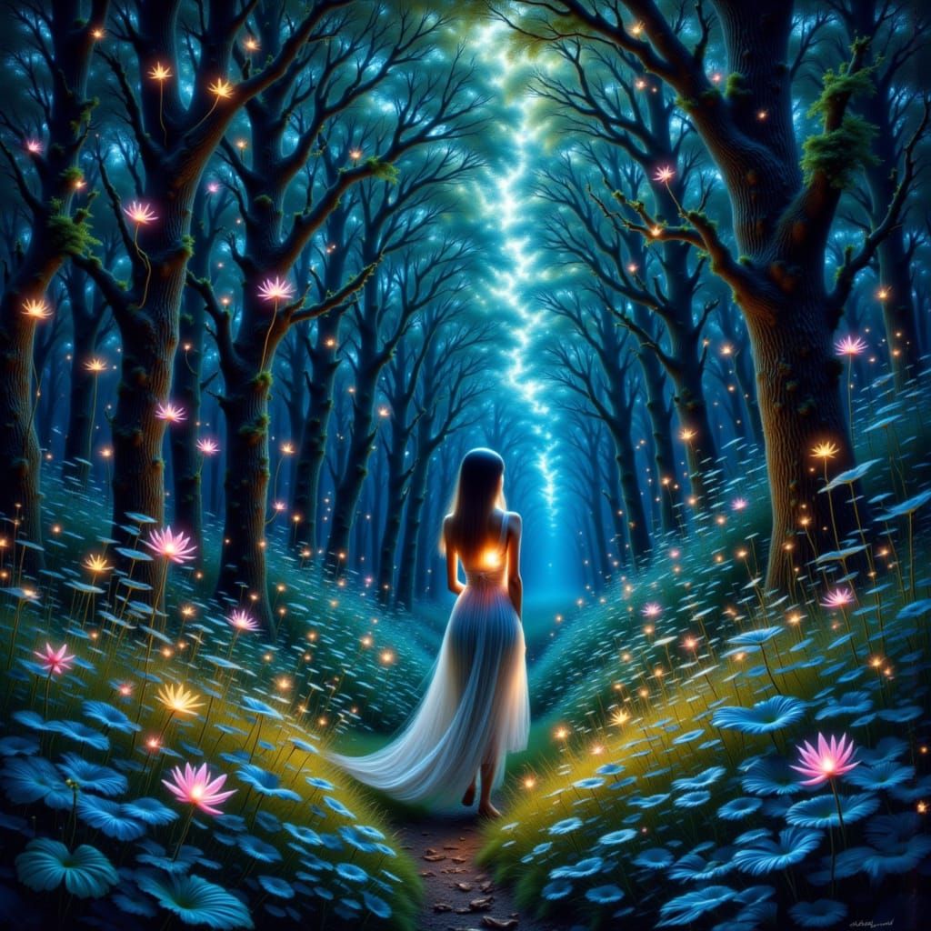 Woman Holds Glowing Flower in Cool Forest