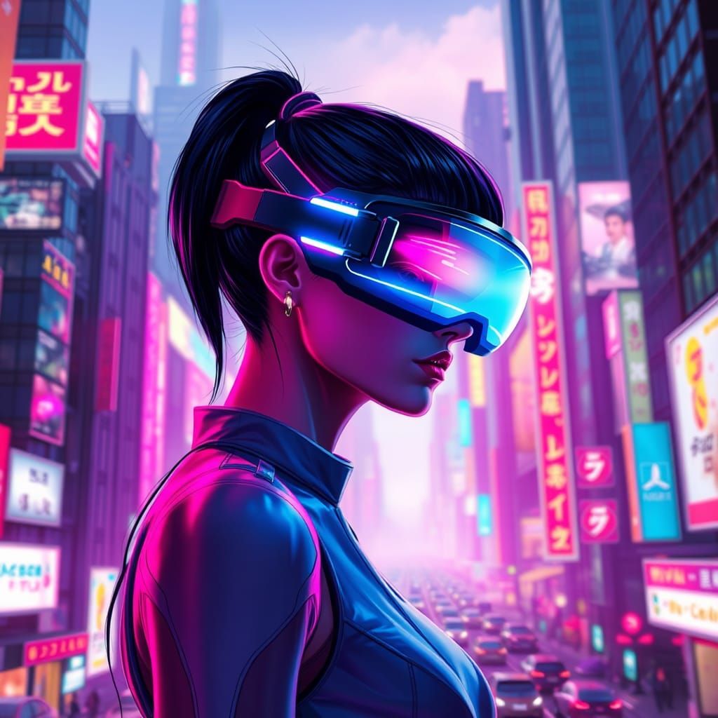 Futuristic Woman in Neon Cityscape: Cyberpunk Art
