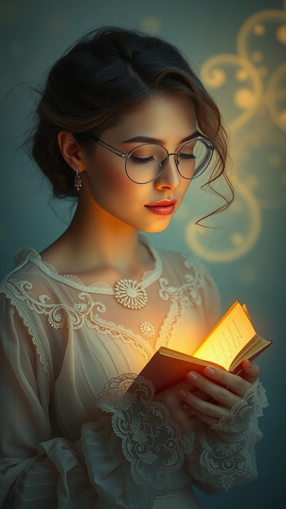 Blind Woman in Ethereal Glow with Braille Book