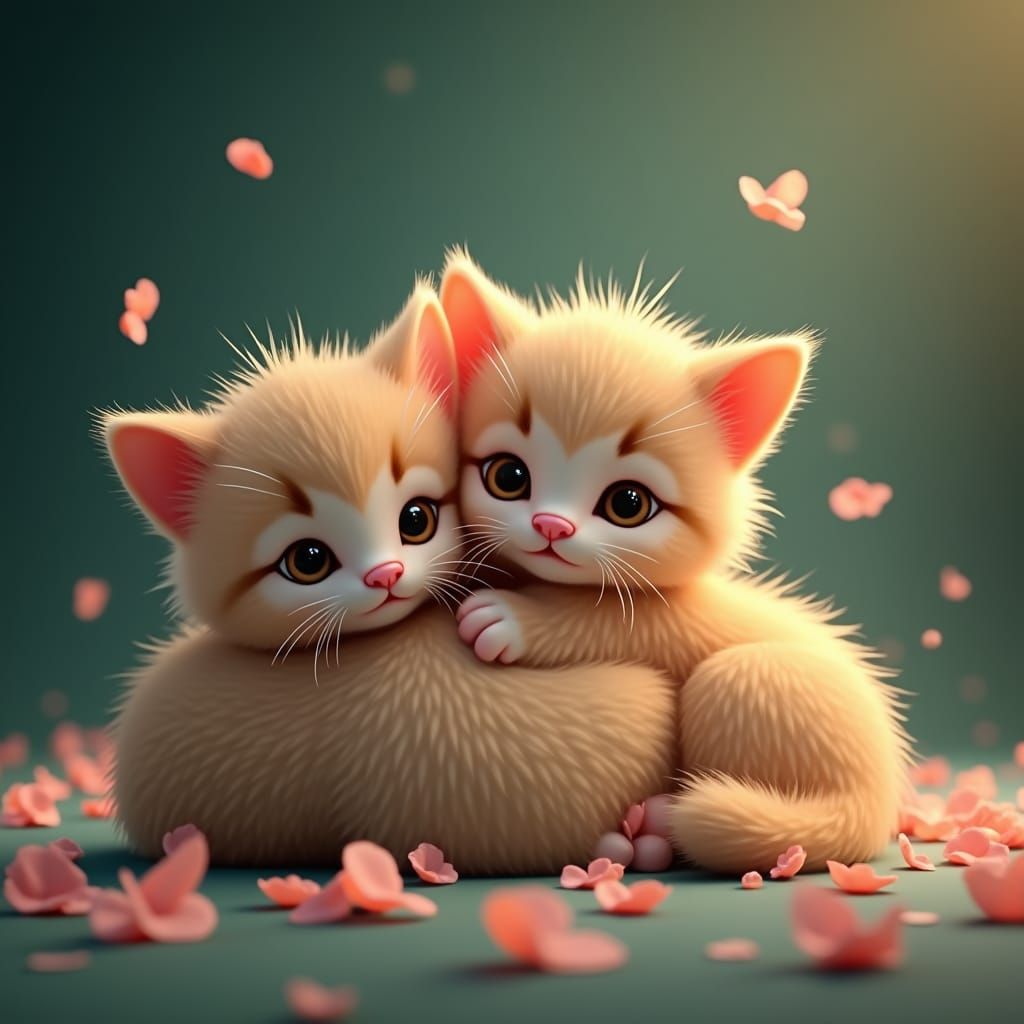 Two adorable animated tabby fur kittens, with incredibly fluffy texture, tiny pink noses, and large sparkling eyes, snug...