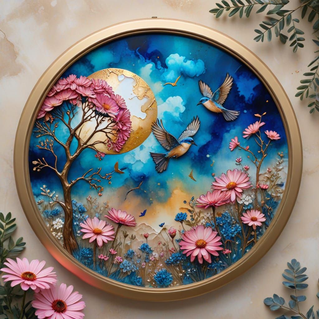 Circular Alcohol Ink Art with Flowers, Clouds, and Bird
