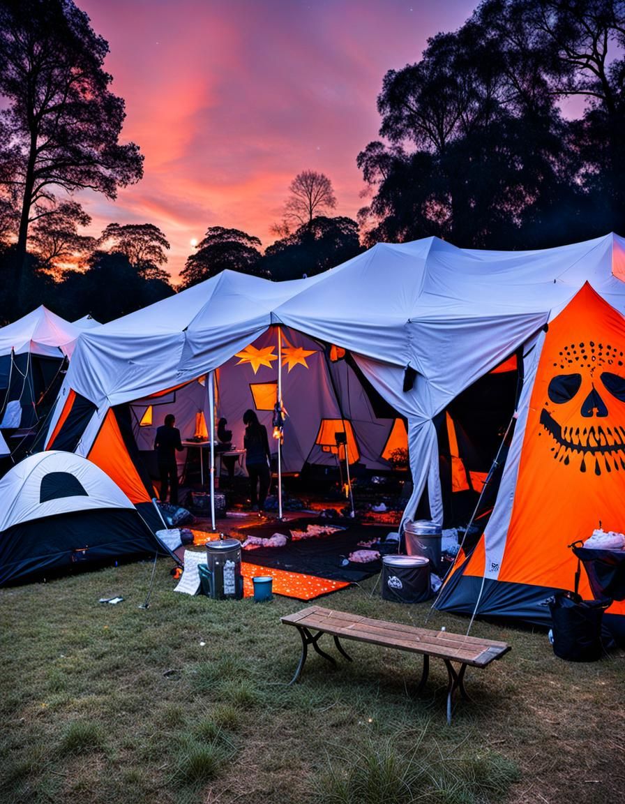 Surreal Encampment with Unicorn and Skeleton