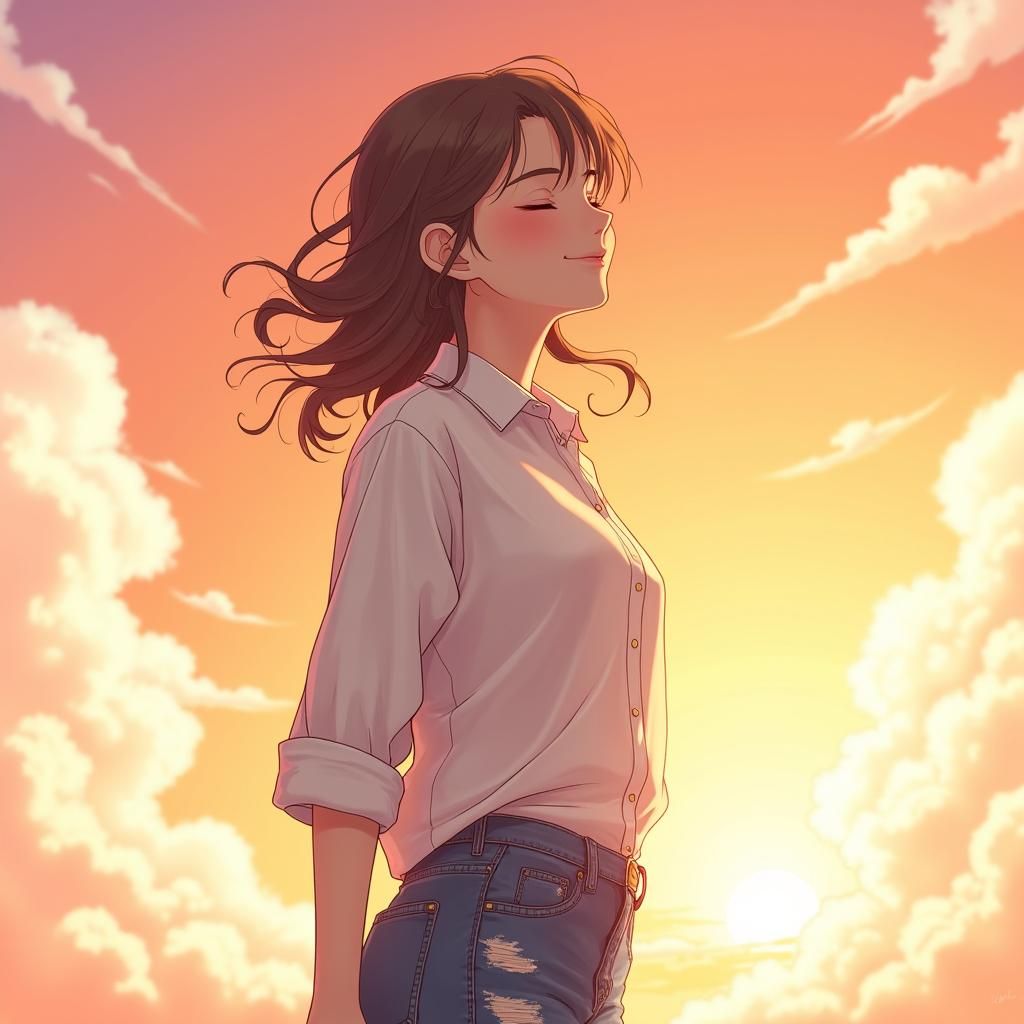 Anime Student in Sunlight with Gradient Sky
