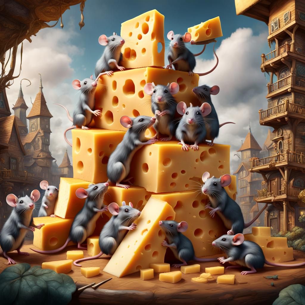 Rats Building Homes in Cheese Block Illustration