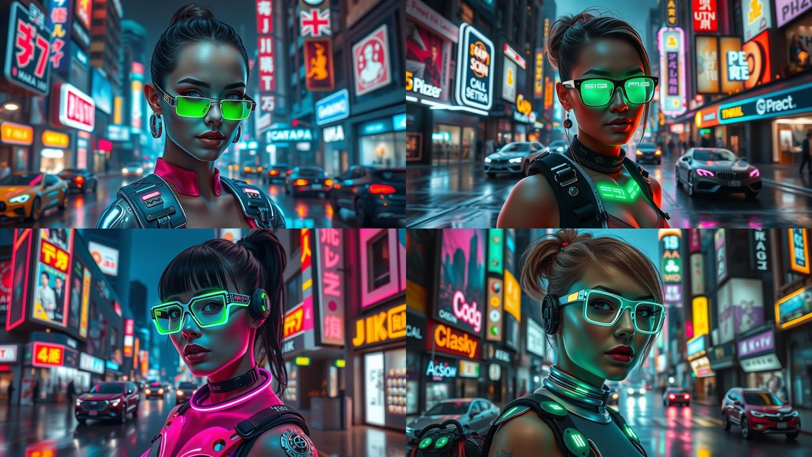 Cyberpunk Woman with Neon Glasses in Futuristic City