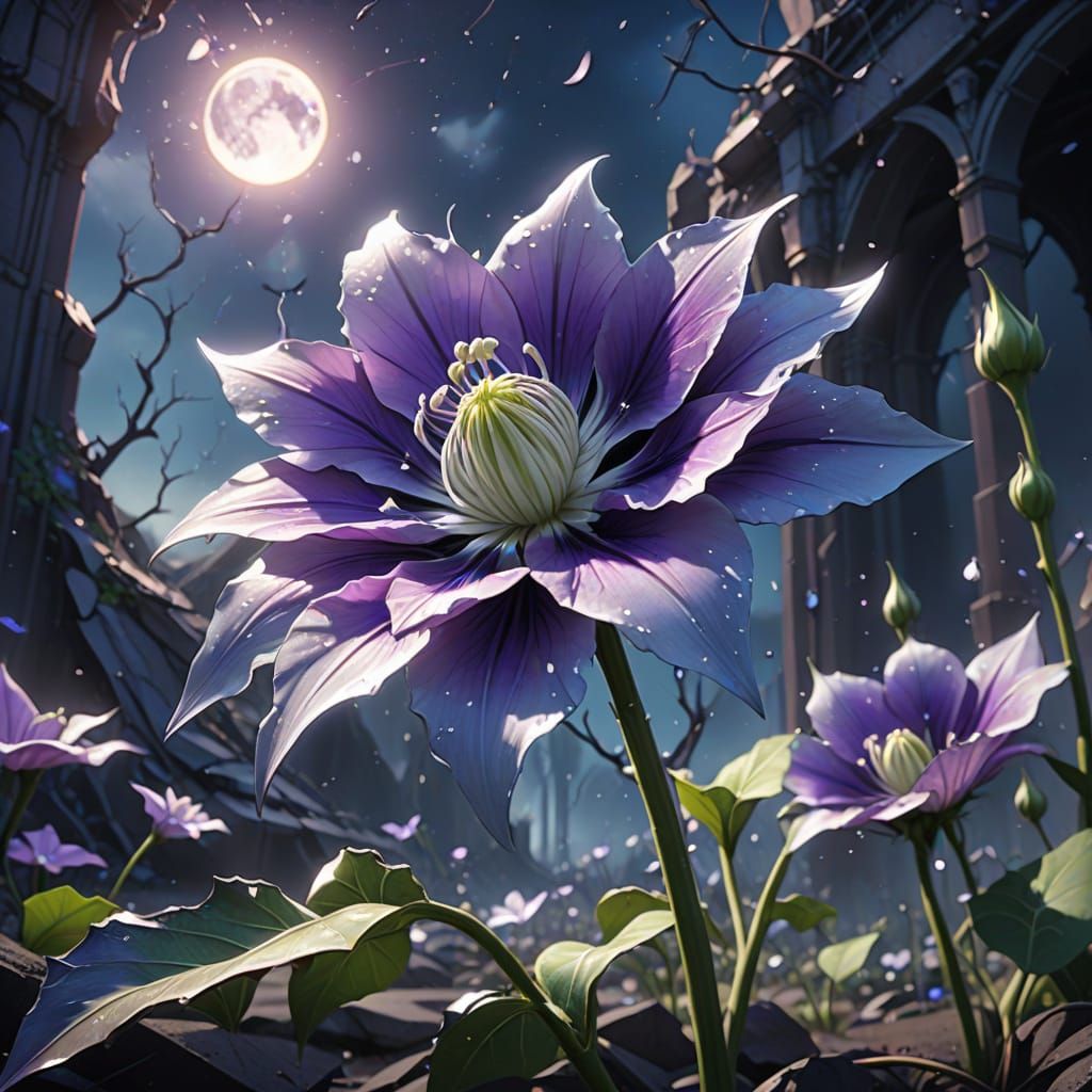 Anime Moonflower Blooms in Shattered Landscape